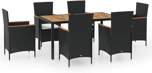 7-Piece Outdoor Dining Set, Rectangular PE Rattan Patio Furniture Set with Acacia Wood Tabletop and 6 Cushioned Chairs for Garden, Backyard and Terrace, Black