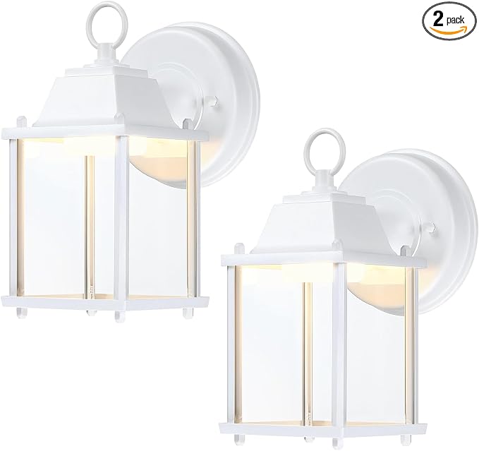Outdoor Wall Light Fixture, Rustproof Aluminum, Clear Glass, LED | Exterior Porch Light Wall Sconce Lantern for House, Patio, Garage, Waterproof Anti-rust, 9.5W 800 Lumen, 3000K, White, 2 Pack