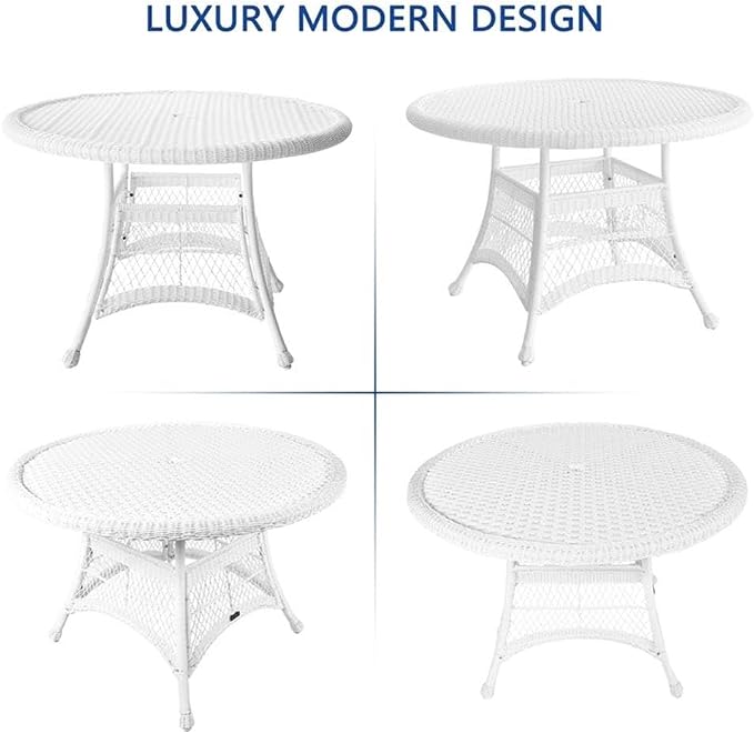 Pemberly Row 5-Piece Resin Wicker Outdoor Patio Dining Set, White Finish, Includes 4 Chairs and 1 Table, Steel Frame, All-Weather Fade-Proof Wicker, Durable Design for Deck, Patio, or Poolside Use