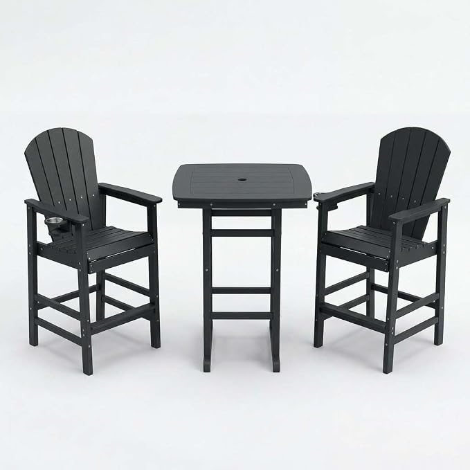 WILLIAMSPACE Height Patio Bar Table Set of 3, Outdoor Square Bar Table with Umbrella Hole, 2 Bar Stools with Cup Holders, 3-Piece All-Weather Outdoor Bistro Set for Kitchen Outside (Black)