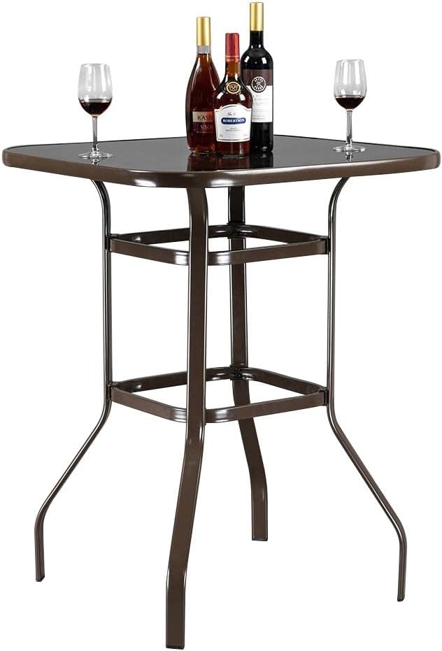 Kopokd Outdoor Bar Table Brown - Furniture Set for Garden Bistro - Bar Height Wrought Iron Table with Glass Top