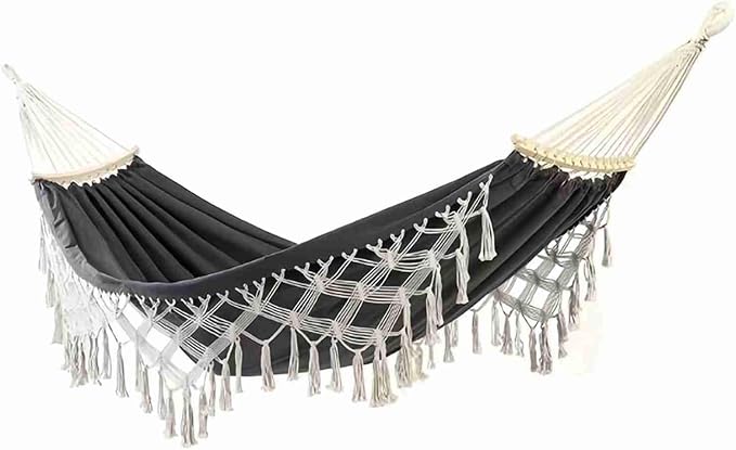 Canvas Hammock, 2 Person Foldable Hanging Swing Hammock with Tassels for Beach Yard Bedroom Patio (Black)
