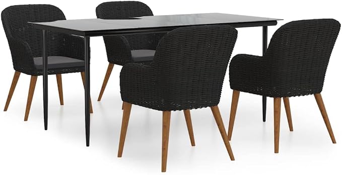 5 Piece Patio Dining Set with Cushions, Outdoor Garden Table and Chairs for Backyard and Deck, Solid Acacia Wood and Tempered Glass Dining Set, Black