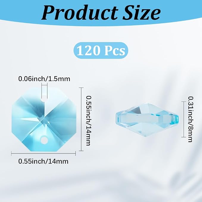 1 Box 120Pcs Light Blue 14mm Crystal Glass Octagon Beads Suncatcher Prism Beads Bulk 2 Hole Prism Chandelier Replacement Connector Faceted Spacers for DIY Lamp Hanging Pendant Jewelry Craft