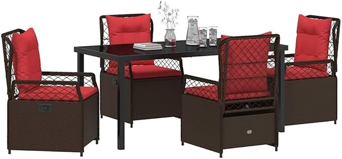 Afuera Living 5 Piece Poly Rattan Garden Dining Set, Brown Finish, Weather-Resistant Material with Glass Tabletop, Foam-Padded Chairs, Adjustable Backrest, Powder-Coated Frame, Outdoor Patio or