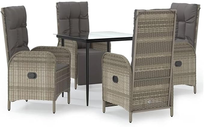 BOWERY HILL 5-Piece Patio Dining Set, Black and Gray, Powder-Coated Steel Frame, PE Rattan with Cushions, Reclining Chairs, Weatherproof Outdoor Furniture for Garden, Terrace or Patio Dining