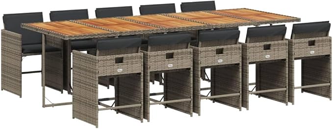 11 Piece Outdoor Dining Set, PE Rattan Patio Furniture with Acacia Wood Table and 10 Folding Chairs, Dark Gray Cushions for Garden Backyard Deck