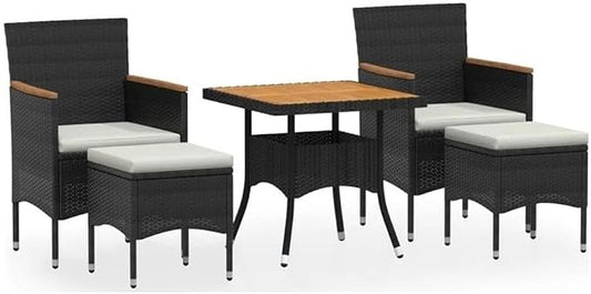 BOWERY HILL 5-Piece Garden Dining Set, Black and Cream White Poly Rattan, Square Table with Cushioned Chairs, Powder-Coated Finish, Durable Indoor/Outdoor Patio or Balcony Furniture for Entertaining