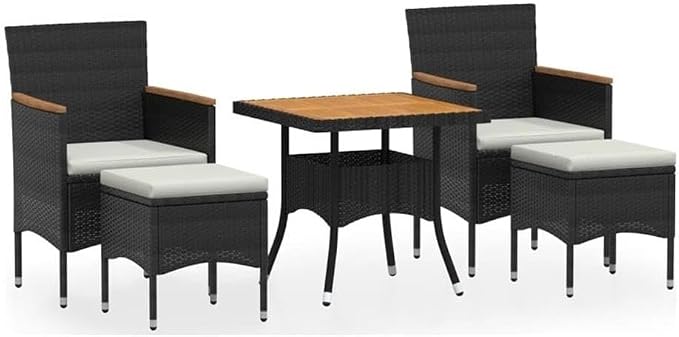Afuera Living 5-Piece Garden Dining Set, Black/Cream White Poly Rattan, Medium, Square Acacia Wood Table and Cushioned Chairs, Powder-Coated Finish, Modern Indoor/Outdoor Patio Furniture for Balcony