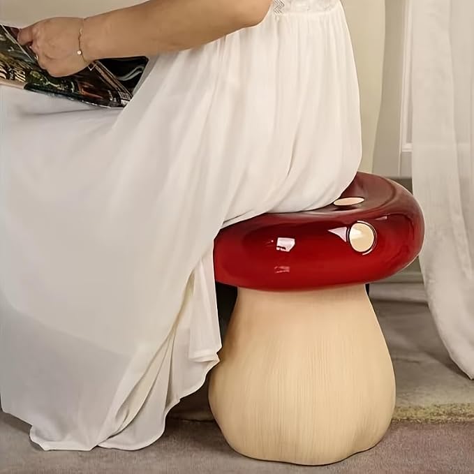 Large Mushroom Statue Stool – 13.4" Resin Garden Sculpture with Forest Base, Red Art Deco Outdoor Decor for Lawn Patio Courtyard, Weatherproof Decorative Stool, Unique Garden Gift