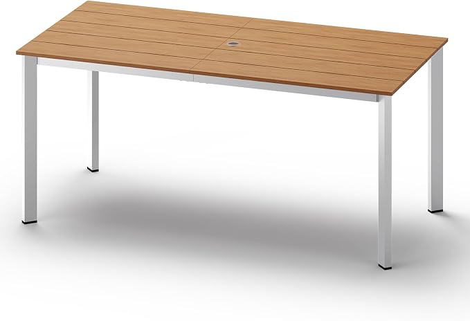 Outdoor Dining Table, Aluminum Patio HDPS Outdooor Table with Umbrella Hole, All Weather Patio Furniture Set, Patio Dining Table (White & Teak)