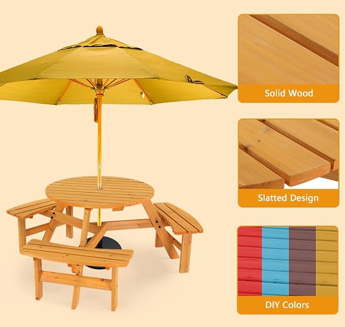 VINGLI 6 Person Wooden Picnic Table, Outdoor Picnic Table with 3 Build-in Benches, Round Patio Table and Bench Set with Umbrella Hole for Backyard, Garden, Pool, Natural Wood
