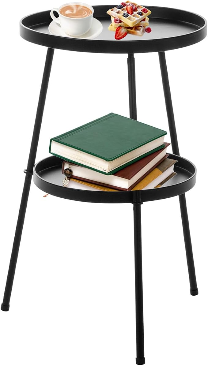 2 Tier Outdoor Side Tables for Patio, Round Metal Lawn Bistro Portable Leisure Standing Coffee End Table, Indoor Tray for Living Room Bedroom Balcony Poolside and Office (Black)