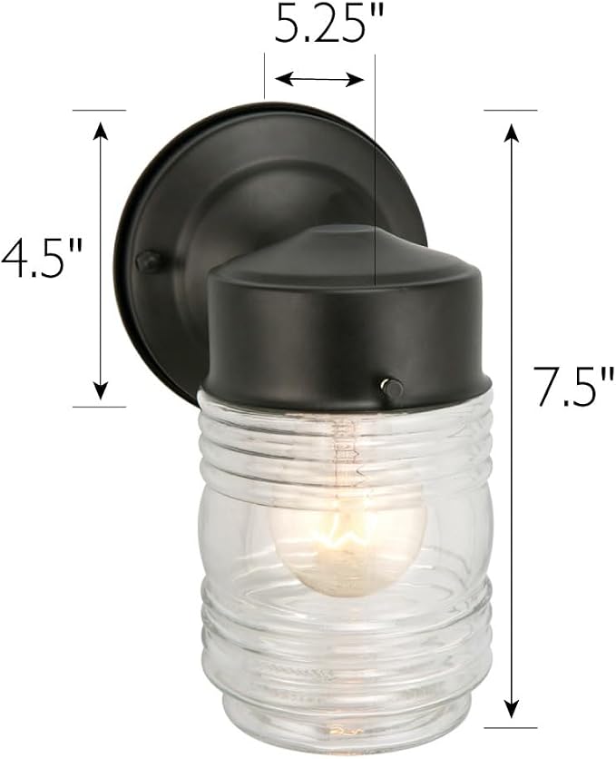 Design House Outdoor Wall Light, Jelly Jar Shape, Clear Ribbed Blass, Dimmable, Wet Rated, LED-Compatible, for Porches/Patios/Garages, Matte Black, 5.25 in W x 7.5 in H, 502195 | Wall Mount, Traditional, Steel, Lighting, 502195