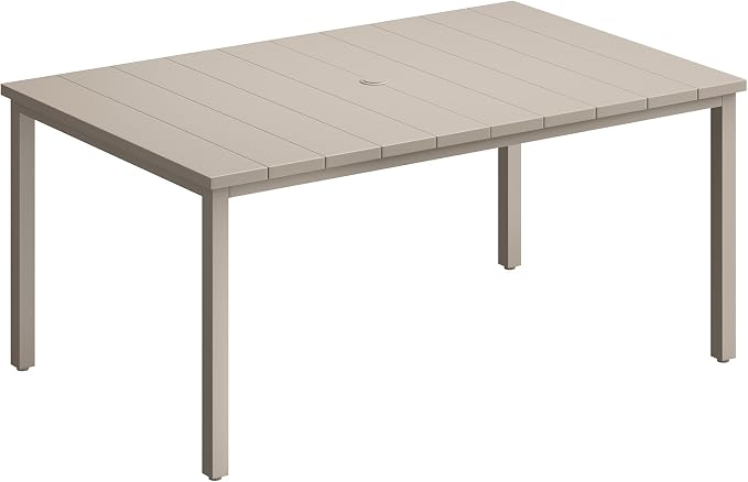 Outdoor Dining Table for 6, 63" Rectangle Outdoor Table with Adjustable Umbrella Hole, All-Weather Metal Patio Dining Table for Lawn Garden Backyard Deck, Sandshell