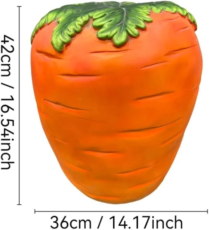 Carrot Shaped Resin Stool Side Table 16" Outdoor Garden Decor Plant Stand | Vivid orange textured body, green leaf lid top, stable rounded base, wipe-clean surface, portable 12 lbs
