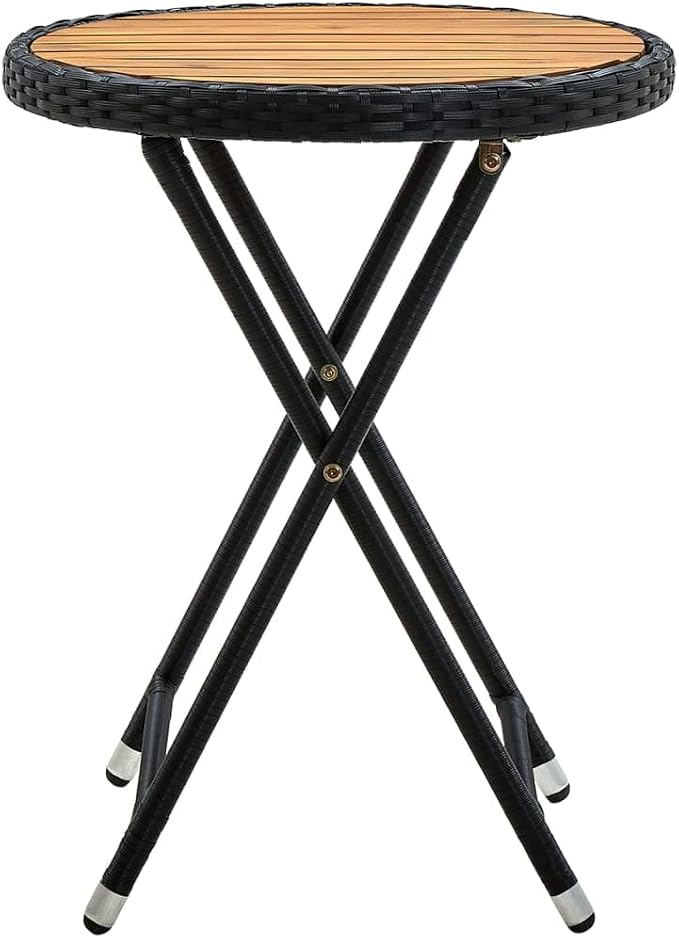 Black PE Rattan Round Folding Tea Table Solid Acacia Wood Compact Foldable Outdoor Indoor Use Rustic Style Balcony Garden Furniture
