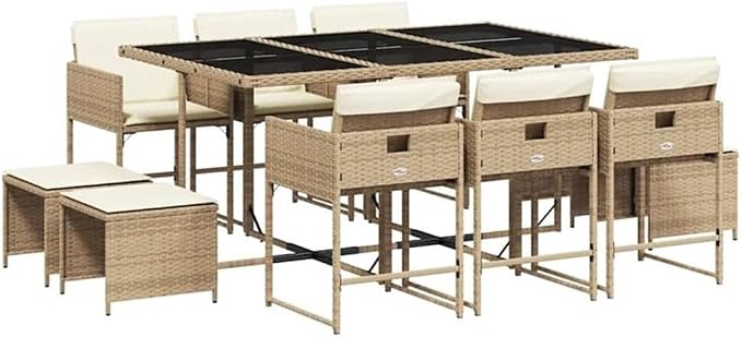 Afuera Living Outdoor Patio Dining Set, 11 Piece, Rattan Construction, Beige Finish, Includes Table with Tempered Glass Top, Chairs and Cushions, Foldable and UV-Resistant, Seats 10, Garden or
