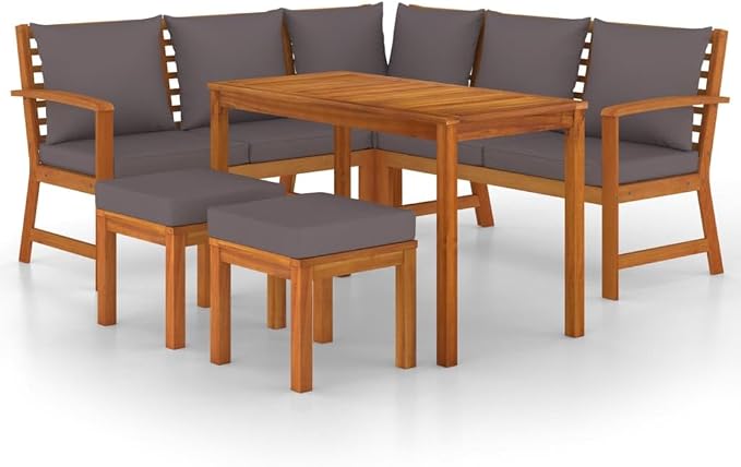 6 Piece Modular Patio Dining Set Solid Acacia Wood Natural Brown Finish Outdoor Garden Furniture with Weather Resistant Cushions Spacious Seating