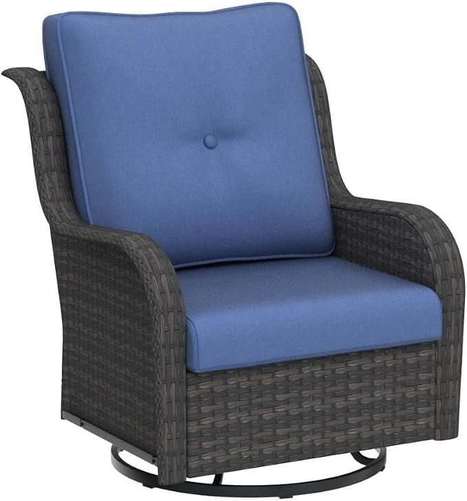HUMMUH Outdoor Swivel Rocker Wicker Patio Chairs, Set of 2, Grey and Blue | 360° swivel and rocking motion, 5 in polyester cushions, wicker construction, for porch, balcony, deck, and patio