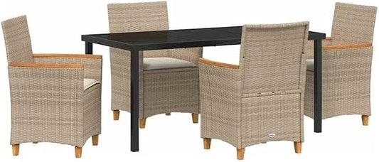 Afuera Living 5 Piece Poly Rattan Garden Dining Set, Brown Finish, Weather-Resistant UV-Protected Material, Steel Frame, Glass Top, Seating for 4, Modern Outdoor Patio or Garden Furniture for Dining