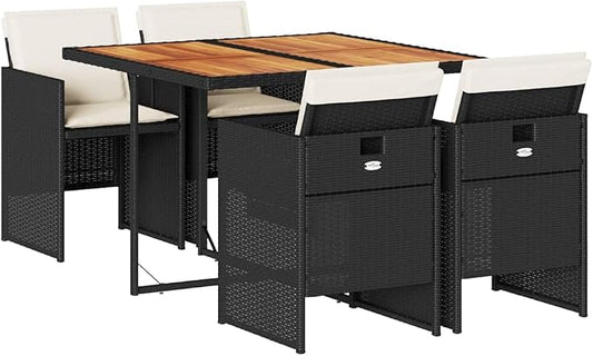 Garden Dining Set Black and Cream, 5-Piece Outdoor Patio Dining Table and Chairs with Cushions for 4, Rattan Conversation Furniture Set for Backyard Terrace