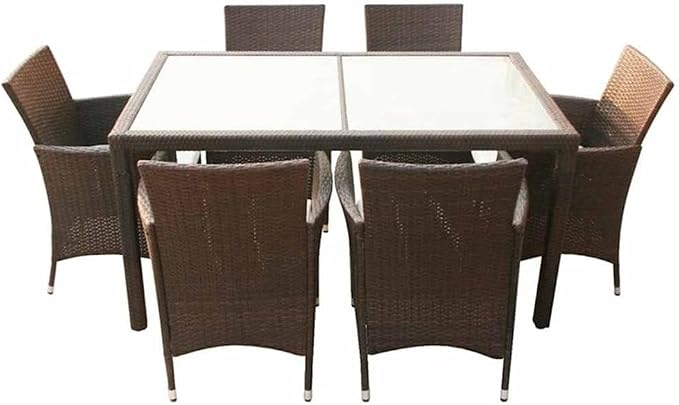 Afuera Living 7 Piece Patio Dining Set, Synthetic Poly Rattan, Brown Finish, Includes Table with Tempered Glass Top and 6 Chairs with Removable Cushions, Weather-Resistant Outdoor Furniture, Seats 6