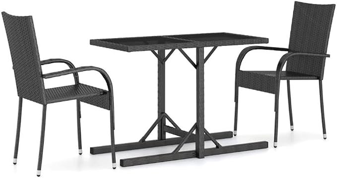 Afuera Living 3-Piece Patio Dining Set, Black Polyethylene Rattan and Powder-Coated Steel, Weather-Resistant Design, Stackable Chairs, Easy-Clean Glass Table, Modern Outdoor Furniture for Garden or