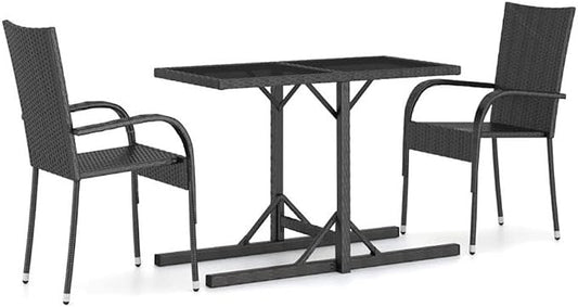 Afuera Living 3-Piece Patio Dining Set, Black Polyethylene Rattan and Powder-Coated Steel, Weather-Resistant Design, Stackable Chairs, Easy-Clean Glass Table, Modern Outdoor Furniture for Garden or