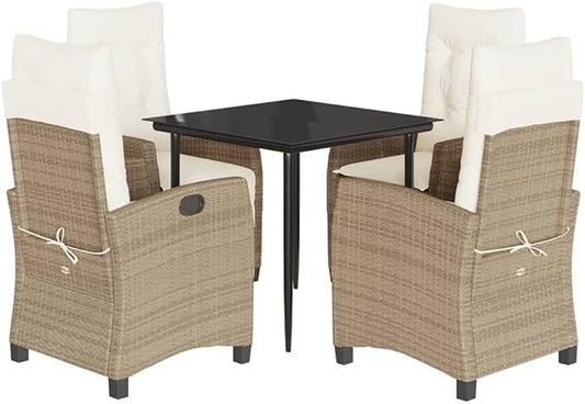 Afuera Living 5-Piece Poly Rattan Patio Dining Set, Black and Beige Finish, Weatherproof Construction with Cushions, Glass Top Table, Modern Style Outdoor Furniture for Garden, Balcony, or Patio Use