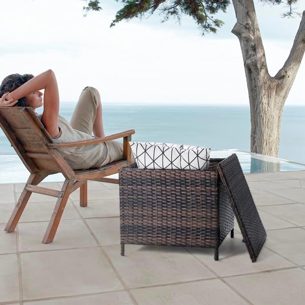 Outdoor PE Wicker Side Table with Storage, Patio Rattan End Table Square Container for Furniture Covers (Brown)
