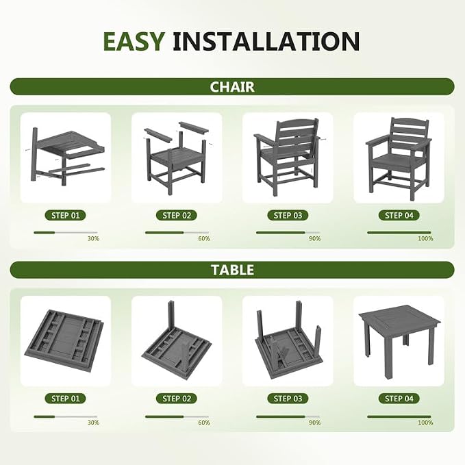 KINGYES 8-Piece HDPE Outdoor Dining Set for 6, Square Patio Table & Armchairs with Umbrella Hole, All-Weather Patio Dining Set for Backyard, Garden, Lawn & Poolside, Gray