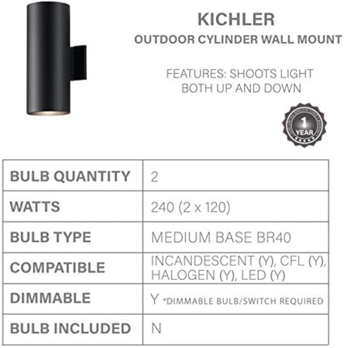 Kichler Cylinders 15" 2-Light Outdoor Cylinder Wall Sconce in Black, (15" H x 5.75" W), 9246BK