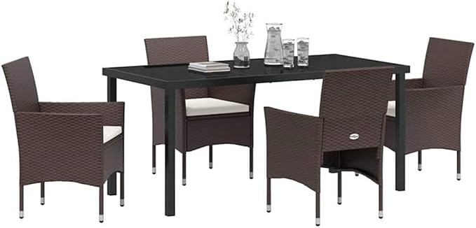 Afuera Living 5 Piece Poly Rattan Patio Dining Set, Brown Finish, Powder-Coated Steel Frame, Tempered Glass Table, Weather-Resistant Cushions, Modern Outdoor Seating for Patio, Deck, or Garden