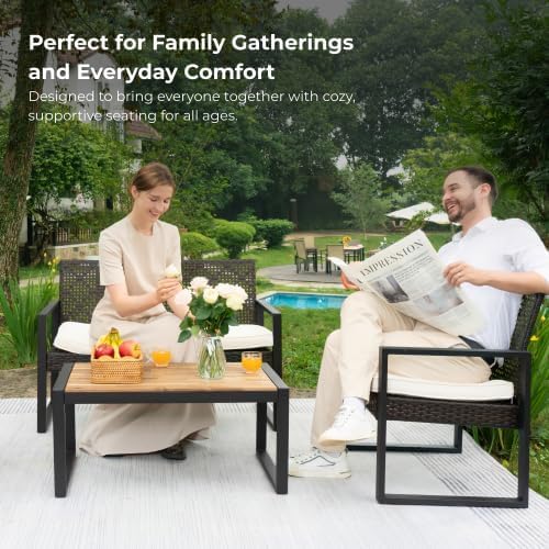 4-Piece Patio Furniture Set,Outdoor Wicker Conversation Sets with Wood Coffee Table,Heavy Duty PE Rattan Sectional Sofa Couch w/Washable Cushions for Backyard Balcony Porch Poolside (Vintage Brown)