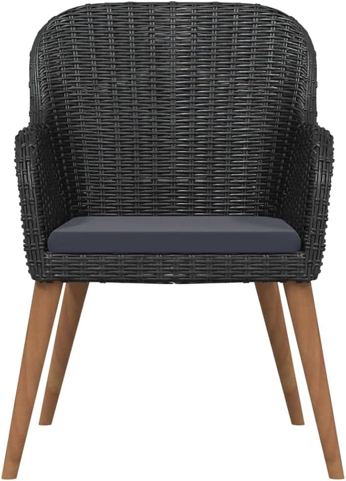7 Piece Patio Dining Set, Outdoor Wicker Dining Table and Chairs with Dark Gray Cushions, Black Rattan Garden Furniture Set with Glass Tabletop for Backyard, Porch