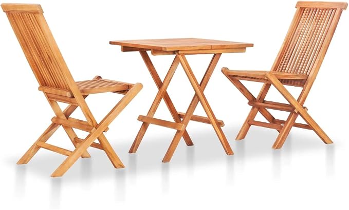 3-Piece Folding Bistro Set, Solid Teak Wood Patio Dining Furniture, Space-Saving Square Table and Two Chairs for Garden, Balcony, Terrace, and Outdoor Seating