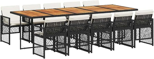 11-Piece Patio Dining Set, Outdoor Acacia Wood Table and 10 Poly Rattan Chairs, Rectangular Garden Furniture Set with Cushions for Backyard and Patio, Black and Cream
