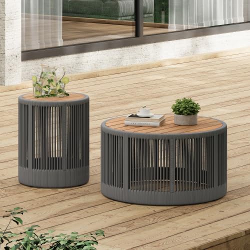 IRONORA 2 Piece Nesting Patio Table Set, Solid Acacia Wood Top Grey Hand-Woven Rope Round Coffee & Side Table, Weather Resistant Hollow Drum Accent Tables for Backyard Balcony Coastal Boho Decor