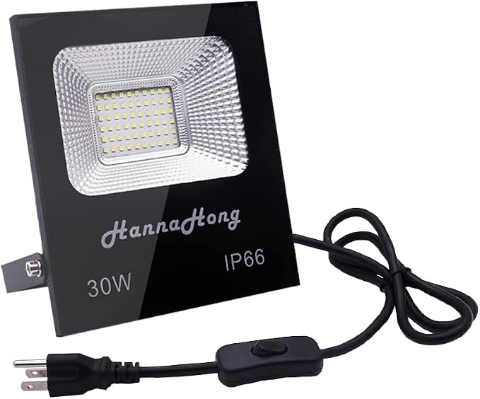 30W LED Flood Light Plug in with ON/Off Switch,Cool White,Bright Security/Work/Plant Grow Outdoor,IP66 Waterproof,Reflector Exteriore Spotlight Porch,Garage,Patio,Yard,Garden