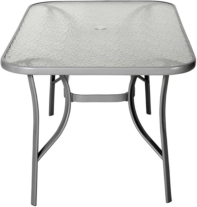 Afuera Living 35x59 Rectangular Glass & Steel Patio Table, Clear Top with Silver Powder Coated Frame, 6-Person All Weather Dining Table with Umbrella Hole for Deck, Patio, or Poolside Use
