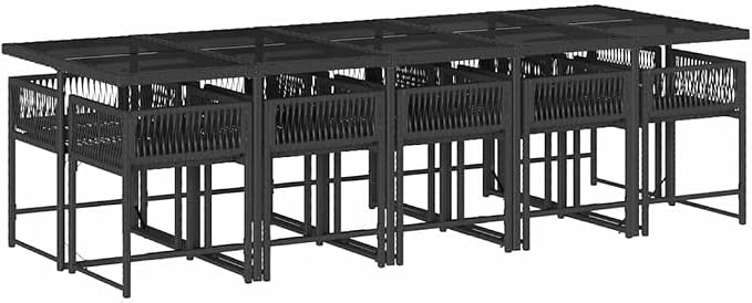 11 Piece Patio Dining Set with Cushions, Black Poly Rattan Outdoor Dining Table and 10 Stackable Chairs for Garden, Backyard, Deck, UV-Proof Tempered Glass Tabletop, Easy Assembly, 242.5 lb Capacity