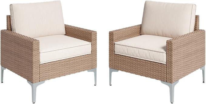 JOYURE 2 Pieces Patio Single Sofa Chairs Outdoor Sofa Armchairs with Anti-Slip Cushions and Waterproof Cover for Balcony,Deck,Beige