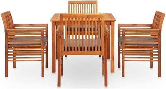 Afuera Living 5-Piece Acacia Wood Outdoor Dining Set, Brown Frame with Dark Gray Cushions, Weather-Resistant Fabric, Stackable Chairs, Oiled Finish, Garden Patio Furniture for Small Spaces