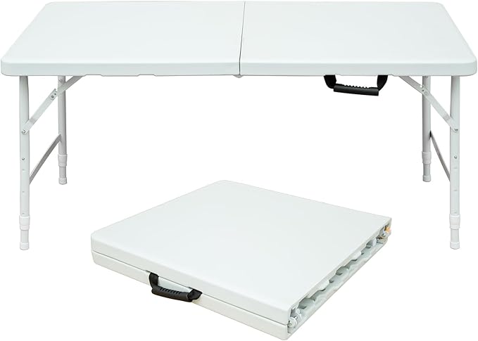 Anwick 4 Foot Folding Table Portable Fold-in-Half Plastic Picnic Table w/Handle and Steel Legs for Indoor, Outdoor, Camping, Party, Garden (White, 4ft)