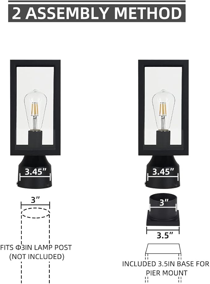 Windben Outdoor Post Light, Waterproof, 13.8in, Matte Black | Cast Aluminum Anti-Rust, Tempered Glass Panels, Comes with Pier Mount Base, For Garden, Yard, Driveway