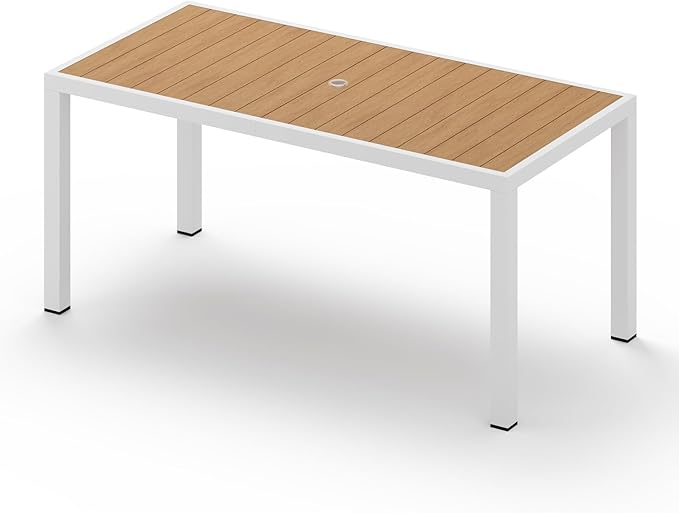 Vexwalx 67" HDPS Outdoor Patio Dining Table, Aluminum-Edged Outdoor Dining Table with Umbrella Hole, Weather-Resistant for Lawn, Garden, Poolside and Indoor Use, White & Teak