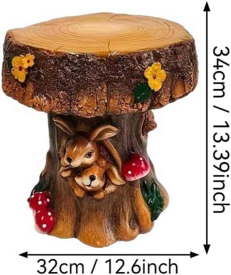 12.6" Resin Squirrel Garden Chair, Indoor & Outdoor Accent Stool, Brown | Round Tree Stump Design w/ Squirrel Details, Weather-Resistant for Patio, Backyard, Terrace & Home Decor