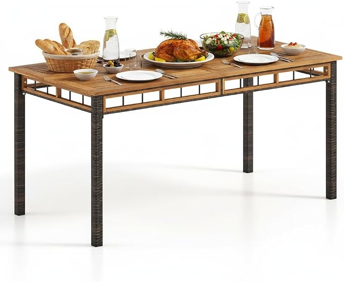Tangkula 63-Inch Outdoor Dining Table for 6, Rectangular PE Rattan Patio Table with Acacia Wood Slatted Tabletop, 1.97" Umbrella Hole & Metal Frame, Outside Dining Furniture for Backyard, Garden, Deck