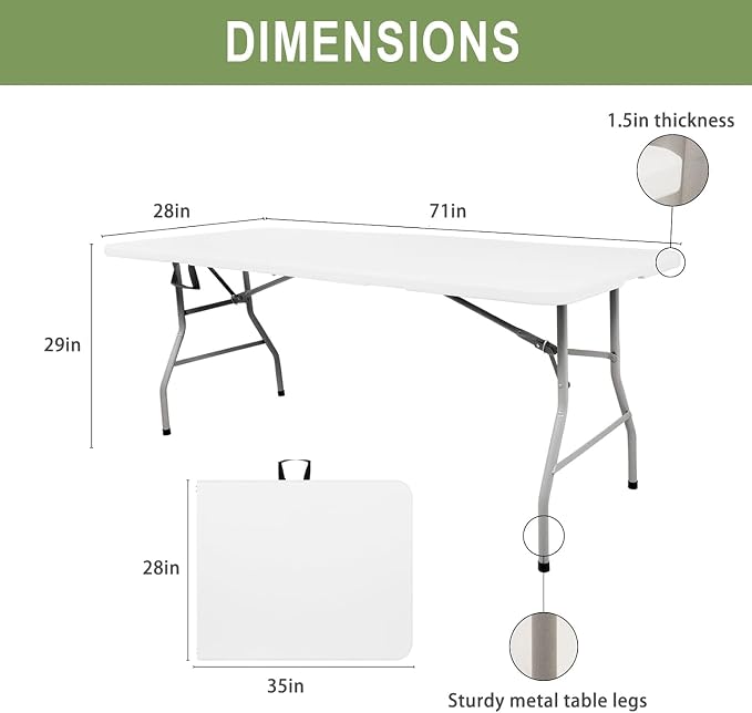 6FT Plastic Folding Table - Portable Picnic Table for Camping, Party, Wedding & Picnic - Outdoor Folding Table with Lock and Handle